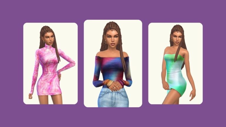 This image has a purple background with three rounded-edge rectangles and inside of those rectangles are images of a sim. The sim has dreadlocks and in the images is wearing different sweaters and dresses from the essence collection