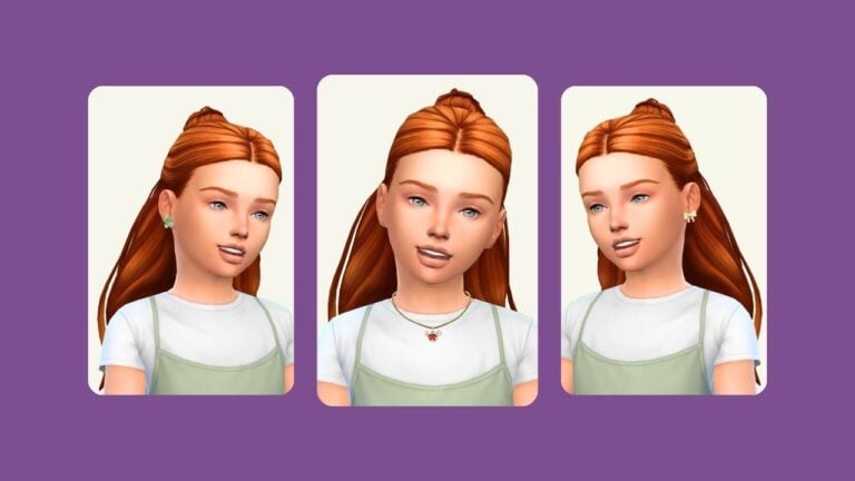 This image has a purple background with three rounded-edge images. These images have a child with red hair wearing different accessories.