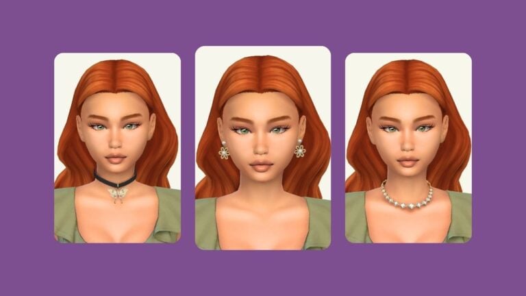 This image has a purple background. On top of the background are three images of a red-haired sim wearing green with different earrings or necklaces.