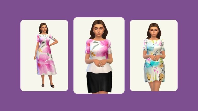 This image has a set of three images on a purple background. In the images is a sim with brown hair wearing floral outfits.