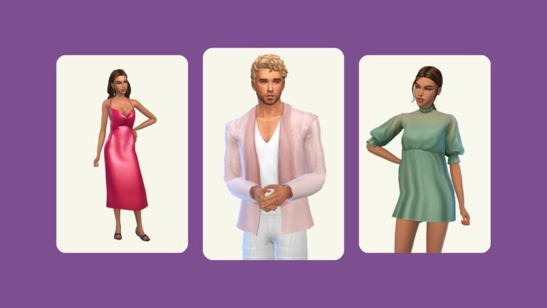 This image has a purple background with three rounded-edge rectangles. Inside of those rectangles are images of sims with different formal outfits.