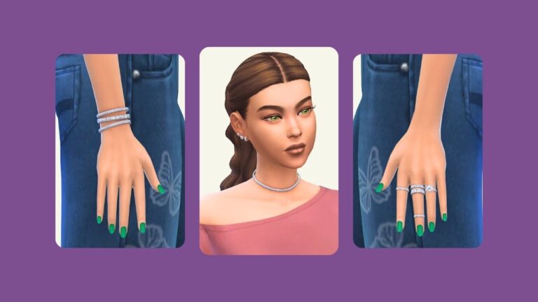 This image has a purple background with three rounded-edge rectangles. Inside of those rectangles in the center is a sim wearing silver earrings and a necklace, the other two images have a hand with rings and a bracelet