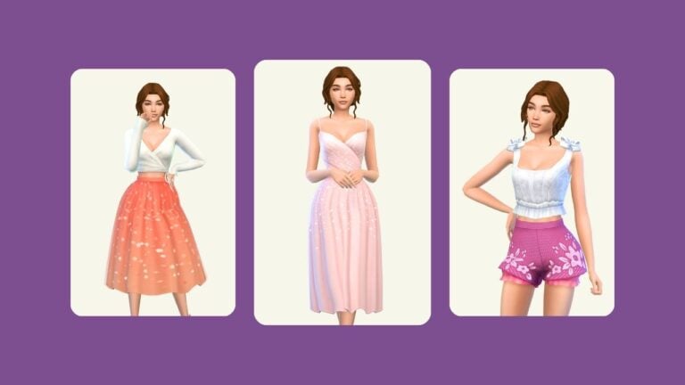 This image has a purple background with three rounded-edge rectangles. Inside of those rectangles are images of a sim with brown hair posing in different ballerina themed clothes
