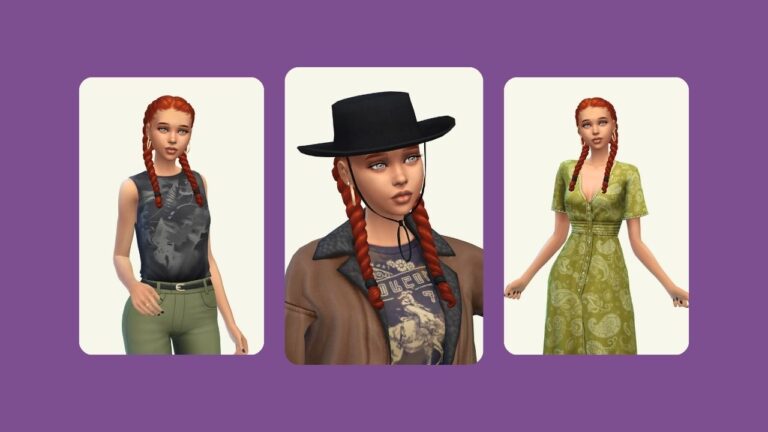 This image has a purple background with three rounded-edge rectangles. Inside of the rectangles is a sim with red hair wearing different western themed clothing