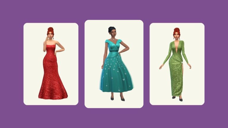 This image has a purple background with three rounded edge rectangles and inside of those rectangles are sims posed in fancy dresses