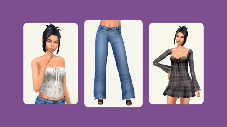 This image has a purple background with three rounded-edge images. These images feature a sim with black hair in different outfits.