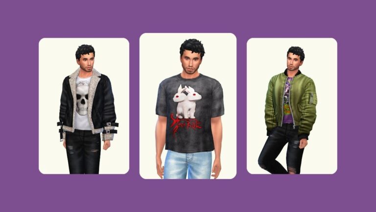 This image has a purple background with three rounded-edge rectangles. Inside of those rectangles are images of the same male sim posed in different tops.