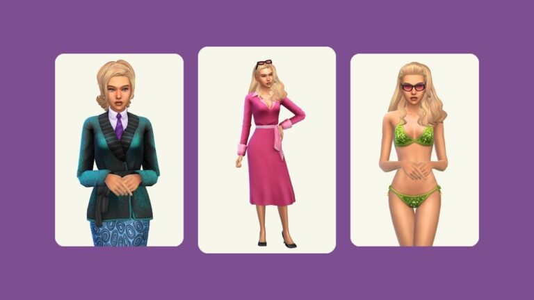 This image has a purple background with three rounded-edge rectangles and inside of those rectangles are sims dresses in outfits from legally blonde