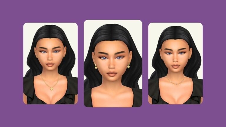 This image has a purple background with three rounded-edge images. Inside of those images are close ups of a sim with black hair wearing different heart themed jewelry