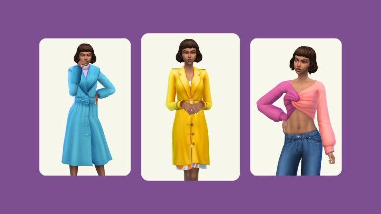 This image has a purple background with three rounded edge rectangles with images inside. Inside of the images is a sim with chin length hair in different outfits.