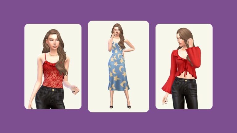 This image has a purple background with three rounded-edge rectangles. Inside of those rectangles is a sim with brown hair posed in different feminine outfits.