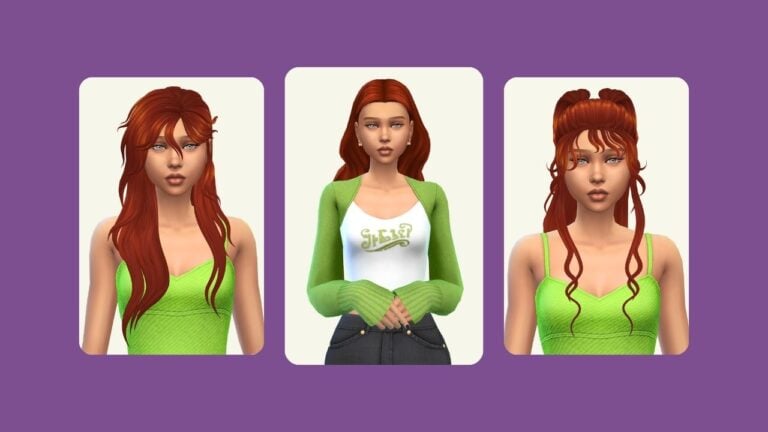 This image has a purple background and has three images. These images have rounded-edges and inside are pictures of a sim with red hair