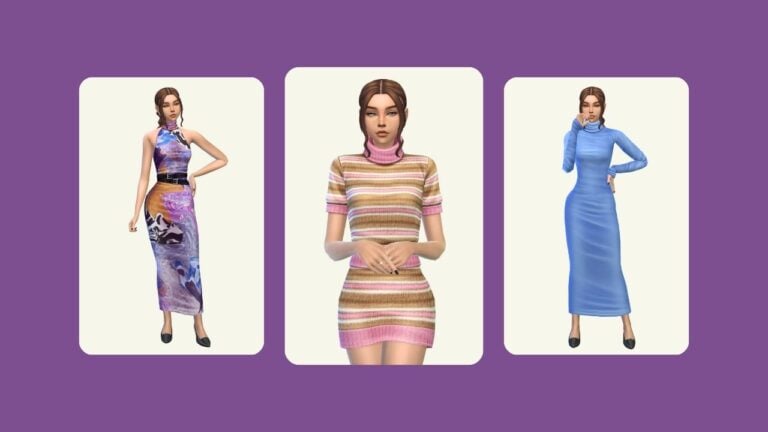 This image has a purple background with three rounded-edge rectangles. Inside of those rectangles are images of a sim posed in different dresses