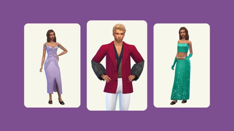 This image has a purple background with three rounded-edge rectangles. Inside of the middle rectangle is a male sim in a cool blazer and the other two have a female sim in dresses.