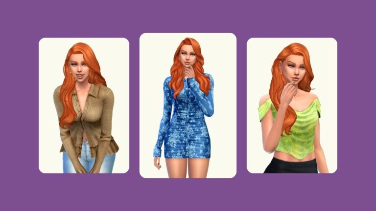 This image has a purple background with three rounded-edge rectangles. Inside of those rectangles are different images of the same sim with red hair wearing different outfits.