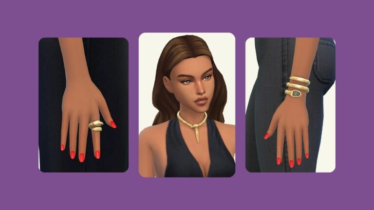 This image has a purple background with three rounded-edge rectangles. Inside of the middle rectangle is a sim with brown hair wearing a snake necklace and the other two are a hand with snake rings on one and a watch on the other.