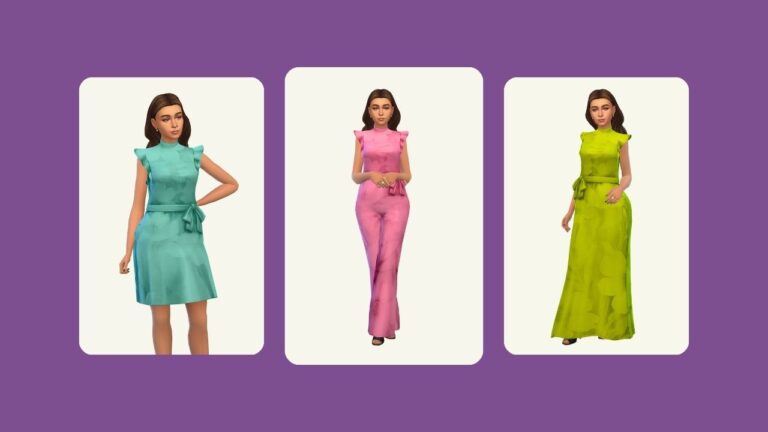 This image has a purple background with three images. In each image is the same sim wearing the same type of outfit, one is a mini dress, ones a long dress and ones a jumpsuit
