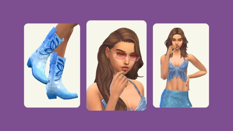 This image has three rounded-edge rectangles with image inside. Inside the first is a pair of cowboy boots, second is a sim with sunglasses and the third is a sim wearing a butterfly top