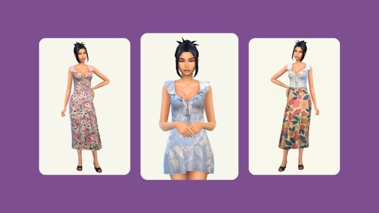 This image has a purple background and images of a sim. There are three images of the same sim with black hair wearing floral dresses and skirts.