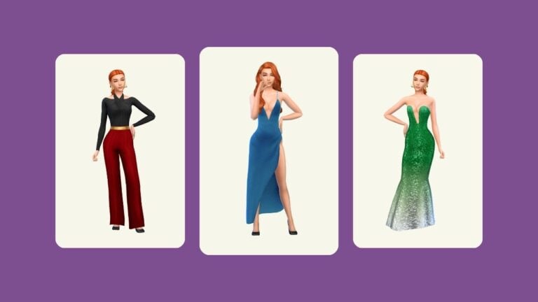 This image has a purple background with three rounded-edge rectangles. These rectangles have images of a sim with red hair posed in formal dresses and a jumpsuit