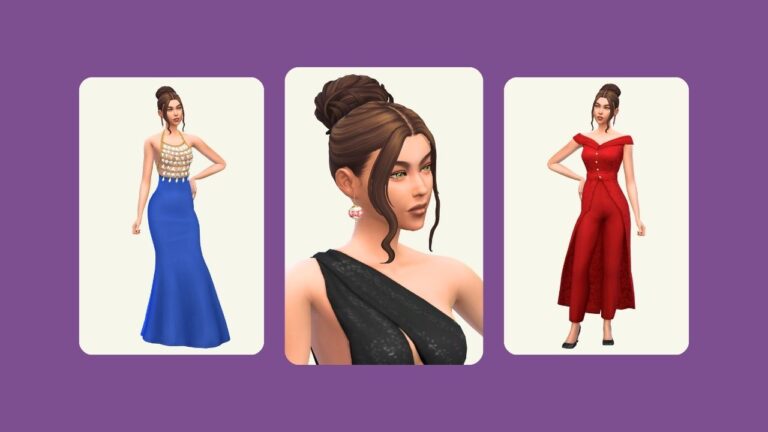 This image has a purple background with three rounded-edge rectangles. Inside of those rectangles are images of the same sim posed in different dresses for the holidays
