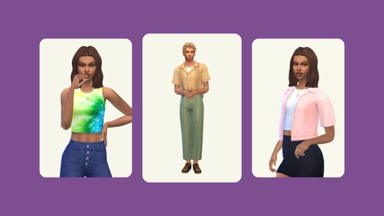 This image has a purple background with three rounded-edge rectangles. Each of these rectangles has a sim inside posing in summer break themed clothing