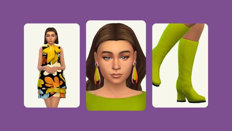 This image has a purple background with three images. The first image has a woman in a retro floral dress, the middle is a sim with earrings and the last is boots.