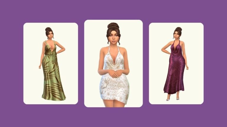 This image has a purple background with three rounded-edge rectangles. Inside of those rectangles is a sim with brown hair posed in different outfits.
