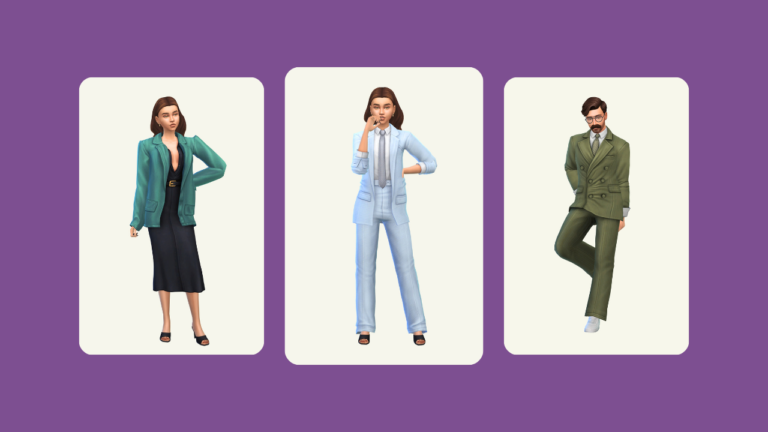 This image has a purple background with three images with white backgrounds. Inside of the images are sims posed in different suits.