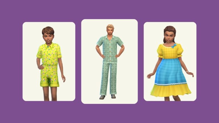 This image has a purple background with three rounded edge rectangles. Inside of those rectangles are sims posed in retro clothing pieces