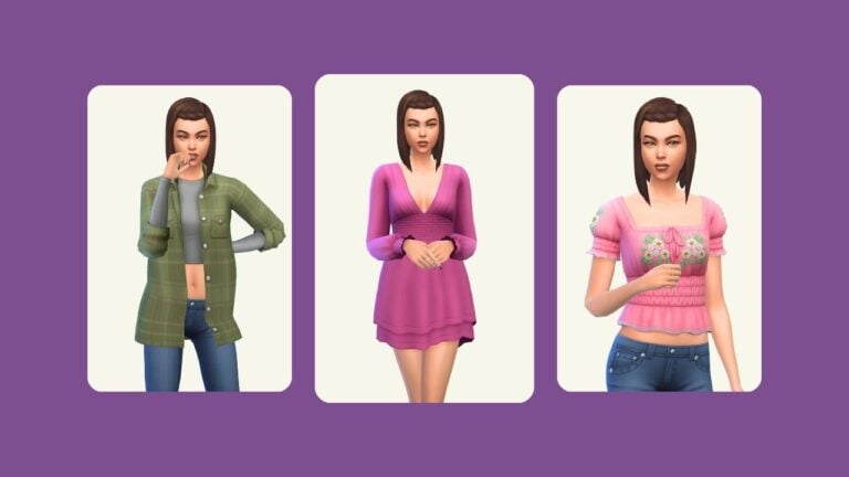 This image has a purple background with three rounded-edge rectangles and inside of those rectangles is a sim with brown hair in different clothes from Twilight.