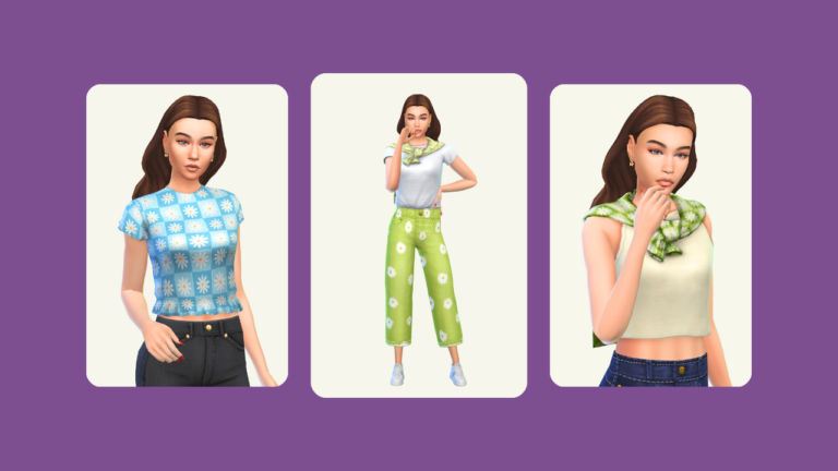 This image has a purple background with images on top. These images have a sim with brown hair posing in daisy themed clothing.