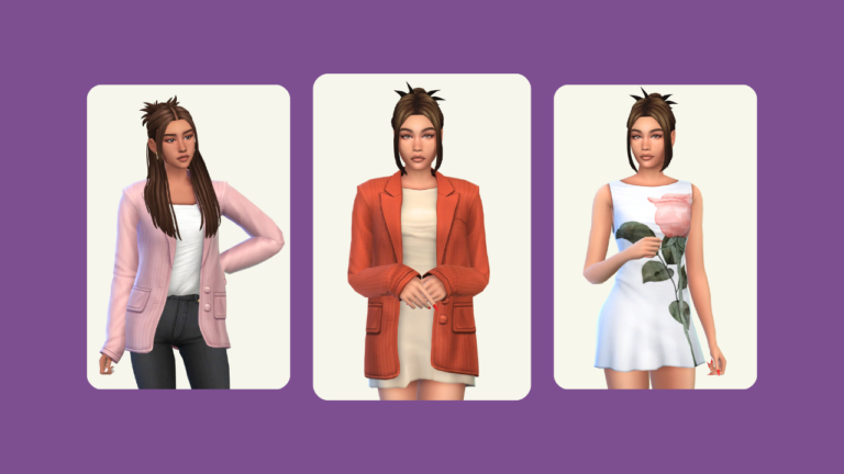 This image has a purple background with three rounded-edge rectangles that have images. These images have a brown hair sim wearing dresses or blazers.