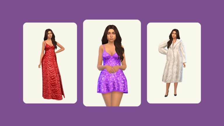 This image has a purple background with three rounded-edge rectangles. Inside of those rectangles are images of a brown haired sim wearing formal dresses