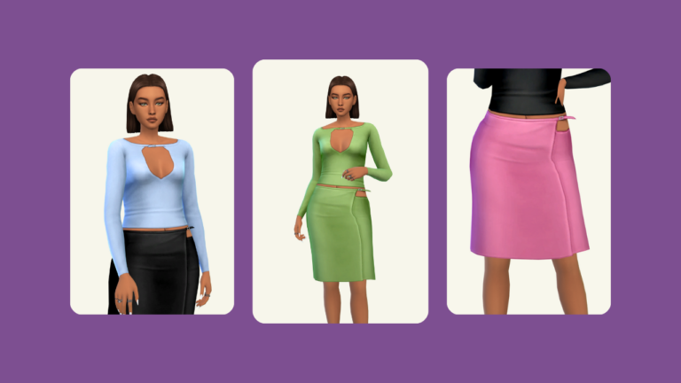 This image features three images on top of a purple background. The images show a sim posed in different pieces from the bella set.