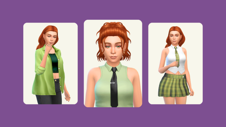 This image has a purple background with three images. These images feature a sim with red hair in different outfits.