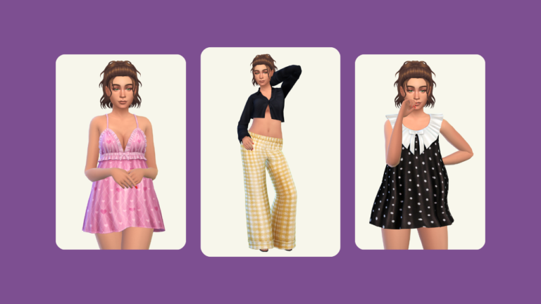 This image has a purple background with three rounded edge rectangle images. These images have a sim with brown hair in different PJ outfits.