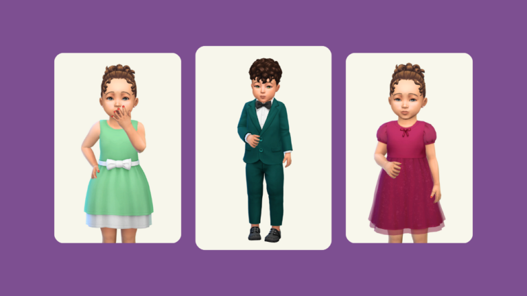 This image has a purple background with three images of toddlers on top. These toddlers are wearing formal clothing.