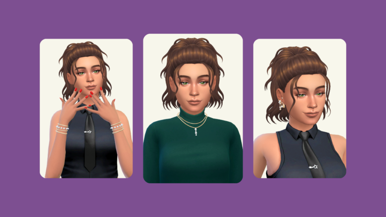 This image has a purple background with three rounded-edge rectangles. Inside of these rectangles are images of a sim with brown hair in different jewelry pieces.